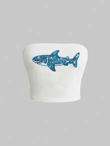 ROMWE Avant Y2K Sexy Shark Beaded Embroidery Cropped Bustier Top - White - View 1