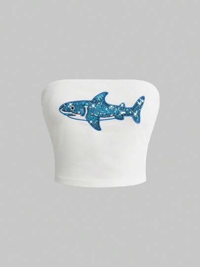 ROMWE Avant Y2K Sexy Shark Beaded Embroidery Cropped Bustier Top