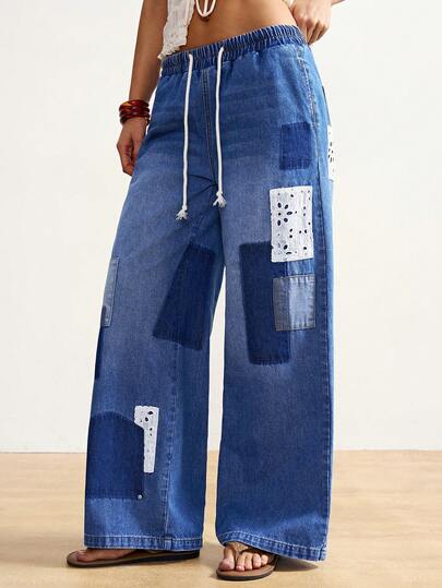 Bohemela Women's Contrast Color Ripped Pocket Drawstring Waist Jeans