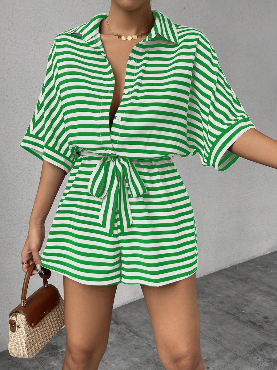 Chiquease Women's Green Striped Casual Romper, Summer Spring Collared Button-Down Short Sleeve Jumpsuit - Multicolor - View 1