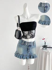 Elamini Women's Fashion Denim Skirt With Button Waist Design And Ruffle Hem - Blue - View 6