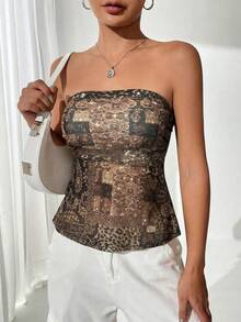 Firerie 女士夏季海滩度假风拼接印花修身抹胸上衣 - 彩色 - 查看 8