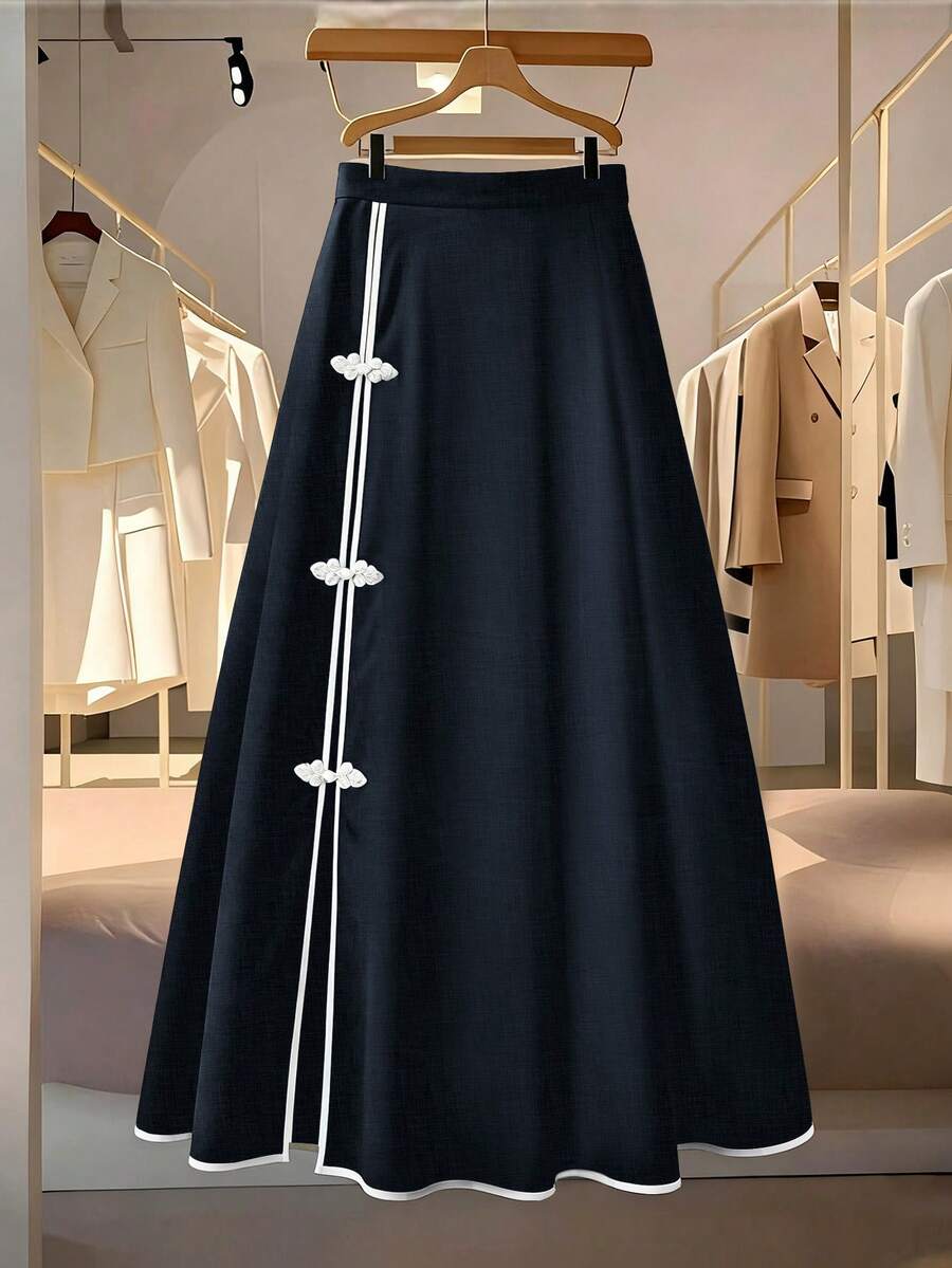 GlowEve CURVE 大码女式高腰黑色A字裙，饰有白色纽扣和白色滚边，弹性腰身，优雅大方，适合春节、派对、情人节、春夏秋冬等场合穿着。 - 藏蓝色 - 查看 1