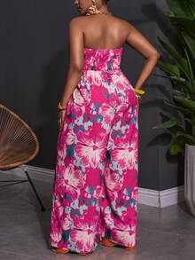 Slaydiva Bộ jumpsuit ống rộng ôm sát họa tiết hoa, chất liệu vải dệt in kỹ thuật số, dành cho kỳ nghỉ biển mùa xuân/hè 2025, cỡ lớn, dành cho nữ, dài thêm. - Màu Hồng Tươi - Xem 5