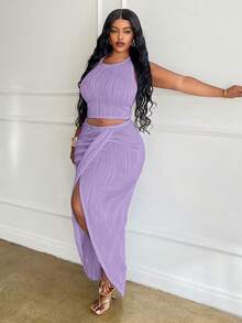 SHEIN Slayr 大码白色纯色修身两件套套装 - 淡紫色 - 查看 7