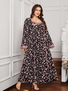 Al Najma Casual Allover Print Pleated Decor Sweetheart Neck Long Sleeve Loose Regular Maxi Dress For Plus Size Women, Spring/Autumn - Multicolor - View 5
