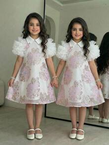 SHEIN 少女碎花拼接薄纱荷叶边下摆休闲连衣裙 - 藍色 - 查看 1