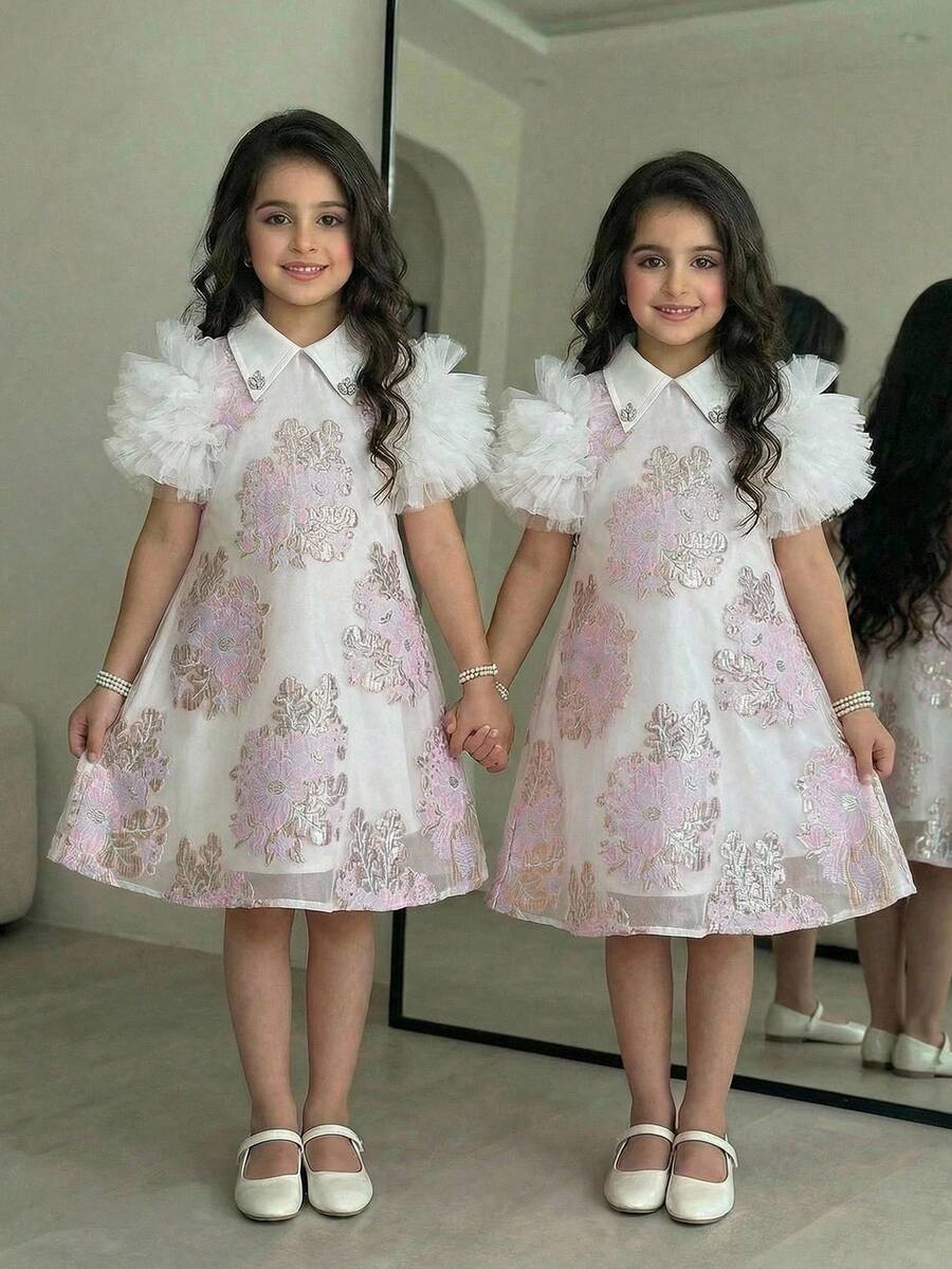 SHEIN 少女碎花拼接薄纱荷叶边下摆休闲连衣裙 - 藍色 - 查看 1