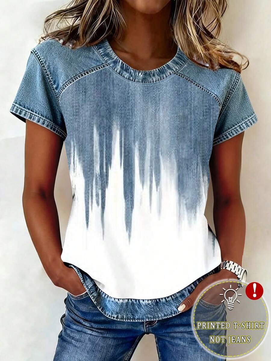 EMERY ROSE Women's All-Over Print Round Neck Casual Versatile Short Sleeve T-Shirt - Multicolor - View 1