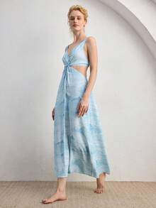 Ocili 休闲简约吊带连衣裙，抽象山脉印花，舒适垂坠睡裙，时尚秋季女士家居服 - 藍色 - 查看 7