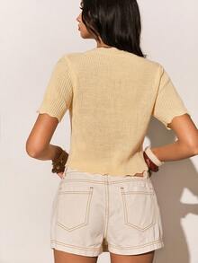 Poéselle New Spring/Summer Beige Short Sleeve Knit Cardigan, 3D Red Cherry Embroidery Design, Sweet & Energetic V-Neck + Ruffle Hem, Single-Breasted Cropped Midriff-Baring Top, Y2K Retro Girly Casual Versatile - Yellow - View 7