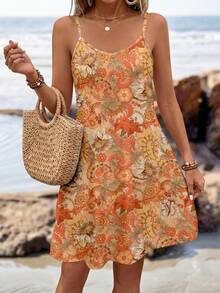 Sylviya Women V-Neck Spaghetti Strap Summer Beach Vacation Mini Dress - Multicolor - View 5