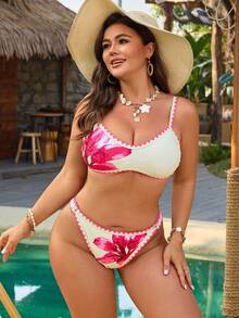 Swim Vcay Bộ bikini cỡ lớn 2 mảnh in hoa, áo cổ yếm hở lưng và quần cạp cao có thể điều chỉnh, thích hợp cho mùa hè đi biển và nghỉ mát. - Nhiều màu - Xem 6