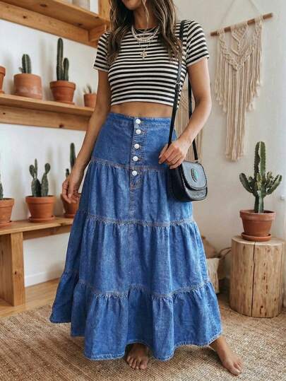 EMERY ROSE Chân váy denim dáng chữ A nữ cài cúc phía trước, xếp ly ở gấu váy.