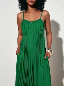 Zivah 2025春季新款音乐节、复活节、西部风、游牧风、生日派对、毕业典礼、学院风、聚会、假日郊游、优雅宴会、舞会、日常通勤、休闲、高端优雅、简约风、街头时尚褶皱装饰吊带V领侧开衩口袋梭织面料褶皱宽松阔腿连体裤 - 綠色 - 查看 7