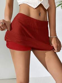 Comfortcana Summer Red Linen Mini Low-Waist Skirt - Red - View 7
