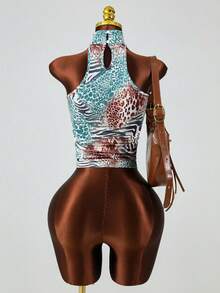 SHEIN LUNE 女士时尚露背吊带衫，动物纹印花，金属扣环，优雅年轻，适合通勤、约会、休闲度假、郊游、派对、俱乐部、音乐节等场合；春夏伊比沙岛派对性感上衣，适合夏季哈瓦那之夜狂欢节，猎豹纹印花 - 彩色 - 查看 2