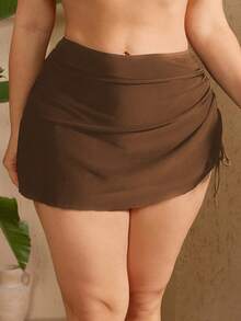 Swim Lushoire Plus Size Women Solid Black Ruched Beach Vacation Swimwear Skirt - Coffee Brown - View 1