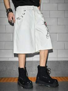 ROMWE MEN Grunge Punk 男士荆棘印花休闲牛仔短裤 - 白色 - 查看 5