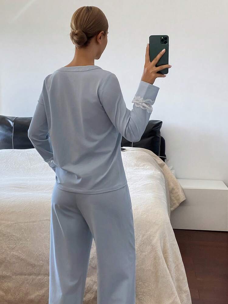 Minimalist Comfortable Knit Contrast Color Lace Patchwork Women Pajama Set