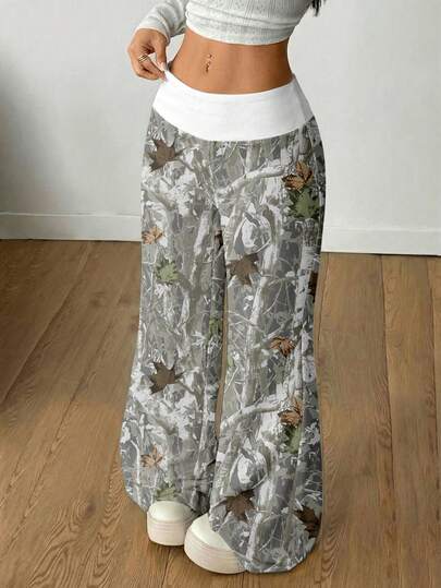 Coolane 休闲复古朋克 Y2K 百搭机场穿搭女款复古树叶印花长裤 – 春夏西部风情节日可爱居家学习复古 Y2K 都市女孩运动 Genz 夏季骑行瑜伽