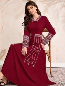 Al Najma 女士春秋季度假风拼接印花长袖连帽收腰连衣裙 - 酒紅色 - 查看 2