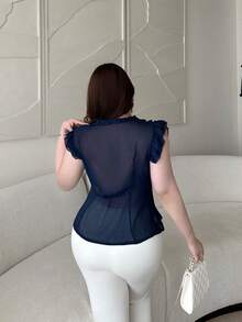 Vibekara Fashionable V-Neck Ruffled Trim Cap Sleeve Fitted Chiffon Blouse For Women, Spring/Summer - Navy Blue - View 2