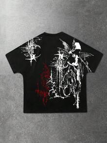 ROMWE MEN Goth Camiseta de manga corta con estampado de manga de murciélago para hombre, adecuada para uso diario en primavera/verano - Negro - Ver 2