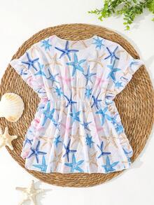 Vestido de playa con volantes y estampado aleatorio de estrella de mar para niñas pequeñas - Multicolor - Ver 2