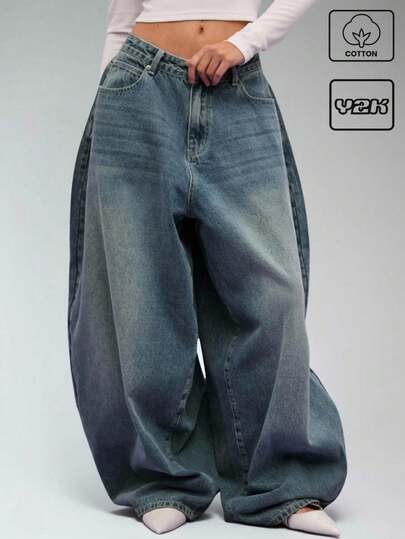 COUREZ 低腰宽松牛仔裤，浅蓝色水洗，街头休闲，Y2K风格，休闲音乐节风格，棉质牛仔布，复古棉质