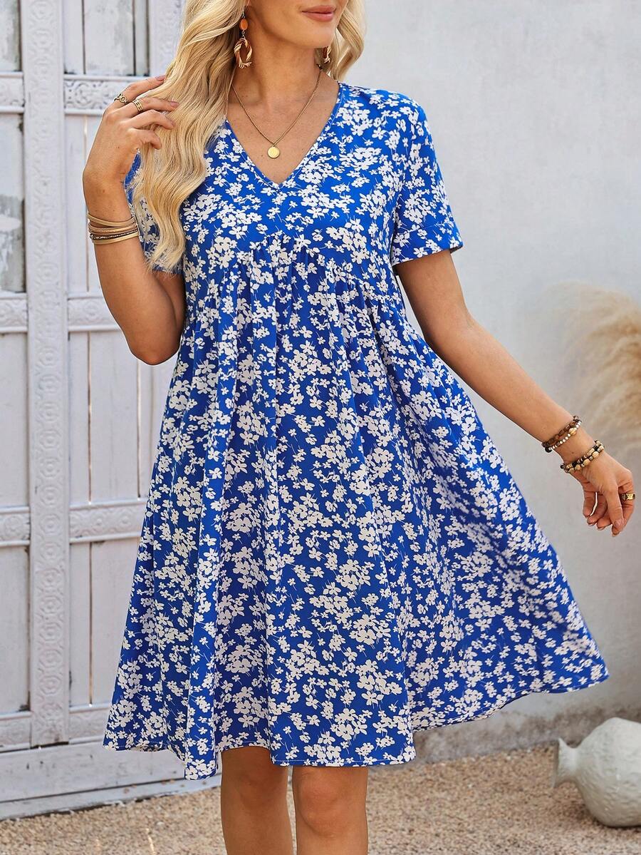 EMERY ROSE Đầm ngắn cổ chữ V in hoa dành cho nữ, thích hợp cho kỳ nghỉ hè. - Xanh và trắng - Xem 1