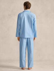 SHEIN Men's Casual Pajama Set With Lapel Collar, Long Sleeve Top And Long Pants, Blue Patchwork - Blue - View 2