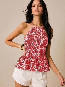 Poéselle Women's Halter Neck Sleeveless Backless Fashionable Summer Blouse With Ruffle Hem - Red - View 5