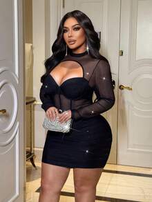NU&NOW Women's Sequin Black Bodycon Formal Dress, Long Sleeve Mesh Lining Dress, Autumn/Winter - Black - View 4