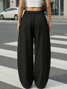 少女复古休闲街头风宽松黑色喇叭裤，香蕉裤，春夏款 - 黑色 - 查看 2