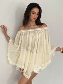 Aloruh Apricot Off Shoulder Sheer Top, Bohemian Style, Y2K Music Festival Open Shoulder Top, Solid Color Commuter Top, Easter, Beach For Woman, Summer For Women, Raves, Concert Women, Country Concert, Casual, Bohemia, Boho , Beach, Going Out Top, Vacation - Apricot - View 9
