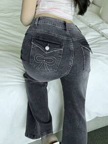 DAZY 女士蝴蝶结刺绣韩版喇叭破洞水洗牛仔裤 - 藍色 - 查看 2