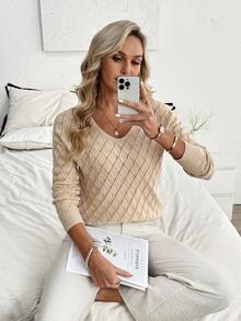 Louniche Damen Locker Lässig Diamant Jacquard Strukturierter Langarm Pullover, Einfarbig, Frühling/Sommer - Aprikosenfarben - Übersicht 6