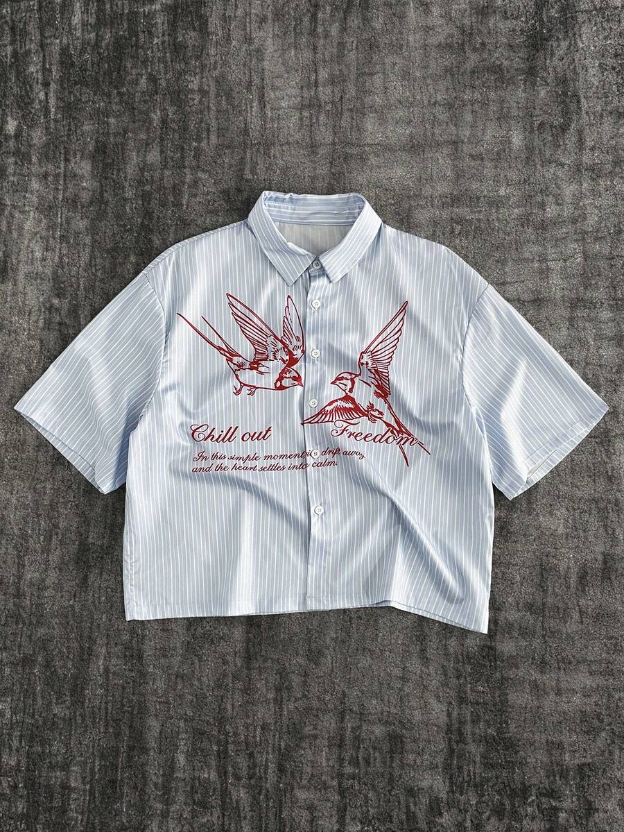 GENTILAND 男士条纹翻领单排扣标语和鸟类印花休闲百搭通勤短袖衬衫