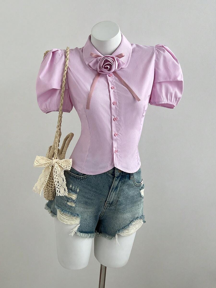 Flirla Rose Floral Striped Puff Sleeve Elegant Women Shirt - Pink - View 1