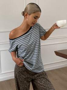 DAZY Women's Loose Casual Striped Asymmetrical Shoulder T-Shirt - Blue - View 8