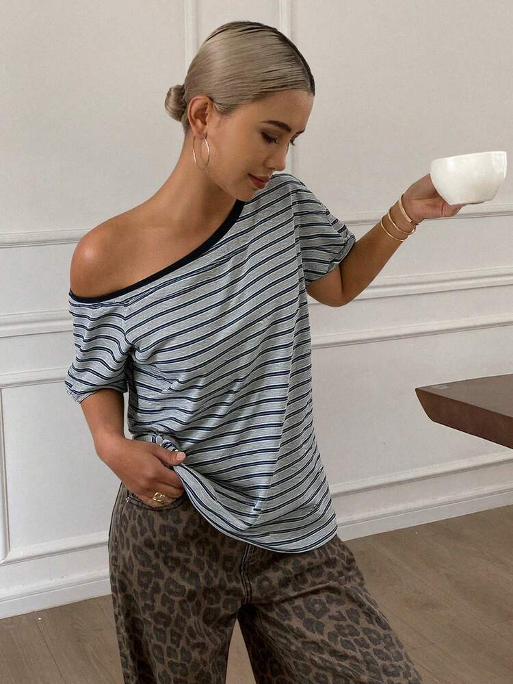 Women's Loose Casual Striped Asymmetrical Shoulder T-Shirt