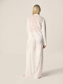 MISSGUIDED Women's Lace Detail Long Sleeve Button Down Shirt And Wide Leg Pant Pajama Set Sleepwear Loungewear Nightwear - White - View 2