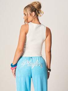 MISSGUIDED Ribbed Cotton Tank Top With No Bra Text Print Crew Neck Sleeveless Casual Summer Everyday Wardrobe Essential Basic Top - White - View 2