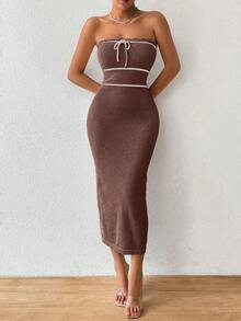 Pariaura Women's Autumn/Winter Strapless Knit Sexy Dress, High-Quality Vacation Style Long Dress - Coffee Brown - View 7