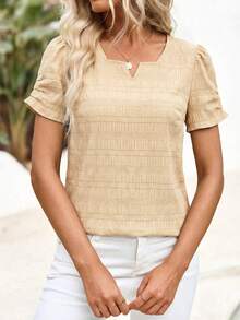 EMERY ROSE 女士夏季短袖V领褶皱袖口衬衫 - 卡其色 - 查看 1