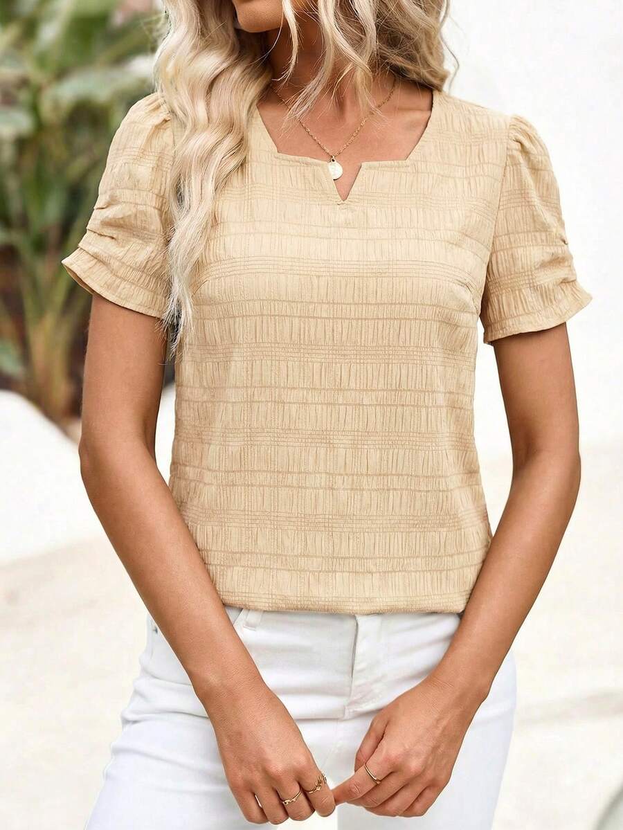 EMERY ROSE 女士夏季短袖V领褶皱袖口衬衫 - 卡其色 - 查看 1