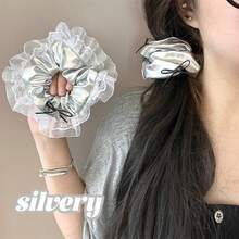 1Pc Sweet & Cool Silver Leather Bow Scrunchie | Niche High-End Elegant Hair Tie For Ponytail - Silver - View 3