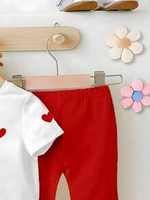 1 Set Baby Girls' White T-Shirt And Red Flare Pants Outfit, Heart Print, Sweet And Cute, Basic Versatile Daily Wear, Comfortable Princess Style, Suitable For Spring, Summer, Autumn, Winter - Multicolor - View 6