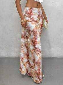 Glamine 女士A字裙，优雅百搭缎面印花裙，夏季时尚修身长裙，长款真丝裙，大地色系长裙，夏季性感长裙，扎染长裙，印花长裙，女士长裙，鱼尾裙 - 咖啡棕 - 查看 6